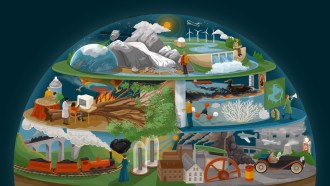 illustration in the shape of the Earth showing a train, a car, airplanes, felled trees, an oil spill, and other examples of humans' impact on their environment