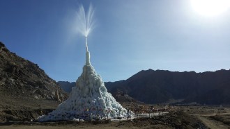 photo of an ice stupa fountain in India’s Ladakh region