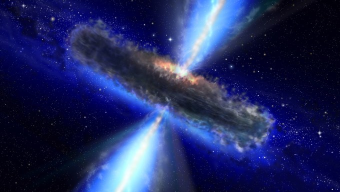 In this illustration of a supermassive black hole, rays of bright gas escape from the center of a disc-shaped gray cloud.