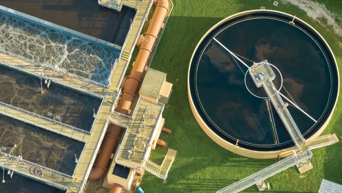 An overhead photo of a wastewater treatment facility.