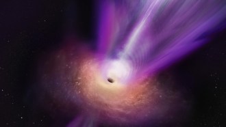 Illustration of a powerful jet of purple gas emanating from the black hole in the center of galaxy M87.