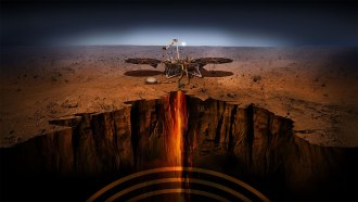 Illustration of NASA’s InSight lander measuring seismic waves from quakes and meteorite impacts to study the liquid metal ball at the heart of the planet.