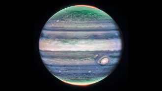 A false-color infrared image of Jupiter seen in shades of blue, green, red and white.