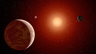 An illustration of exoplanets in orbit around a small, dim dwarf star.