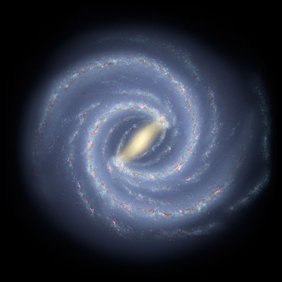 An illustration of the Milky Way galaxy showing the bar-shaped collection of stars at the center of spiraling galactic arms.